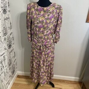 Karin Stevens Petites Vintage Floral Button Back Dress Midi Purple Yellow Green